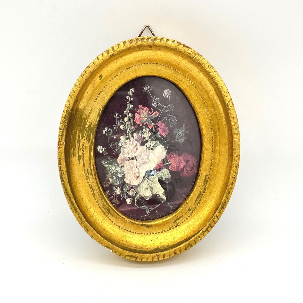 Vintage Miniature Oval Floral Print Gold Ornate Frame Small Wall Art 4.25"